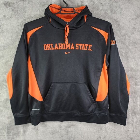 Men's Nike Oklahoma State Therma-Fit Hoodie Sweatshirt Black & Orange OSU L - Picture 2 of 13